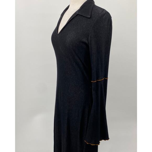 Vintage Y2k Bell Sleeve Stretch Cotton Denim Dress Collared V Neck Dark Wash M - Picture 6 of 10